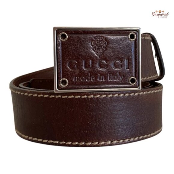 Authentic Gucci Brown Leather Crest Logo Plaque Men's Buckle Belt Size 90/36 - Picture 1 of 13